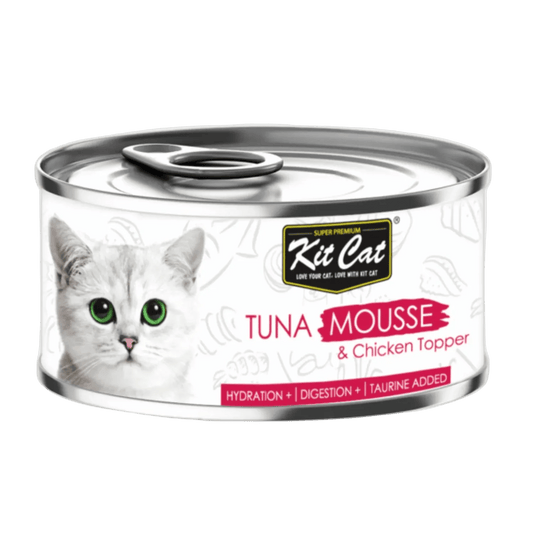 Kit Cat tuna mousse & chicken topper canned cat food, front label view