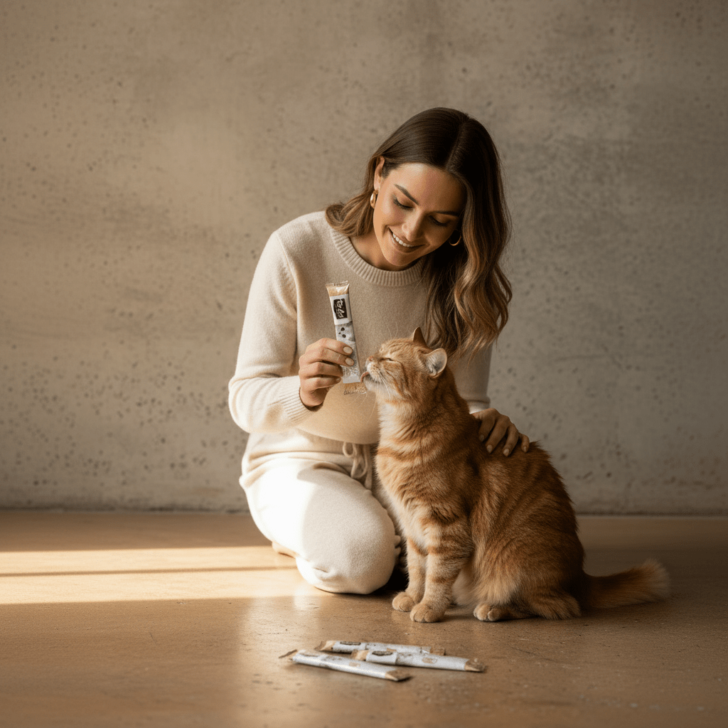 Woman holds Kit Cat Purr Puree Plus+ cat treat envelope as an orange cat sits nearby