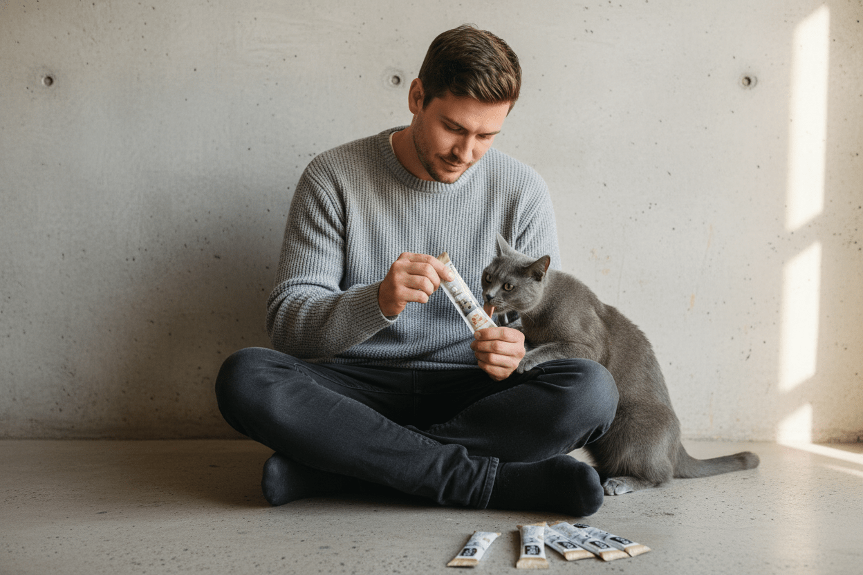 Man holds Kit Cat Purr Puree Plus+ cat treat envelope while a gray cat looks on