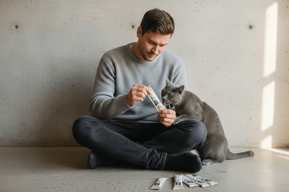 Man holds Kit Cat Purr Puree Plus+ cat treat envelope while a gray cat looks on