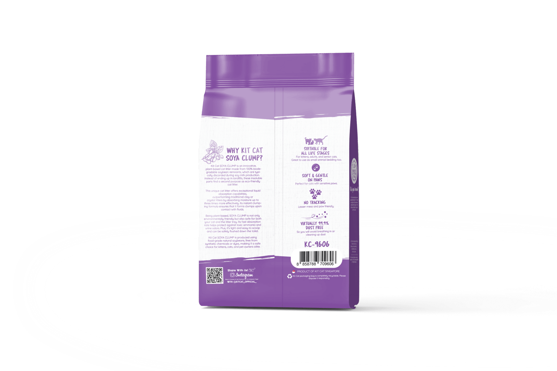 Purple back of Kit Cat Soya Clump tofu cat litter bag, 7L