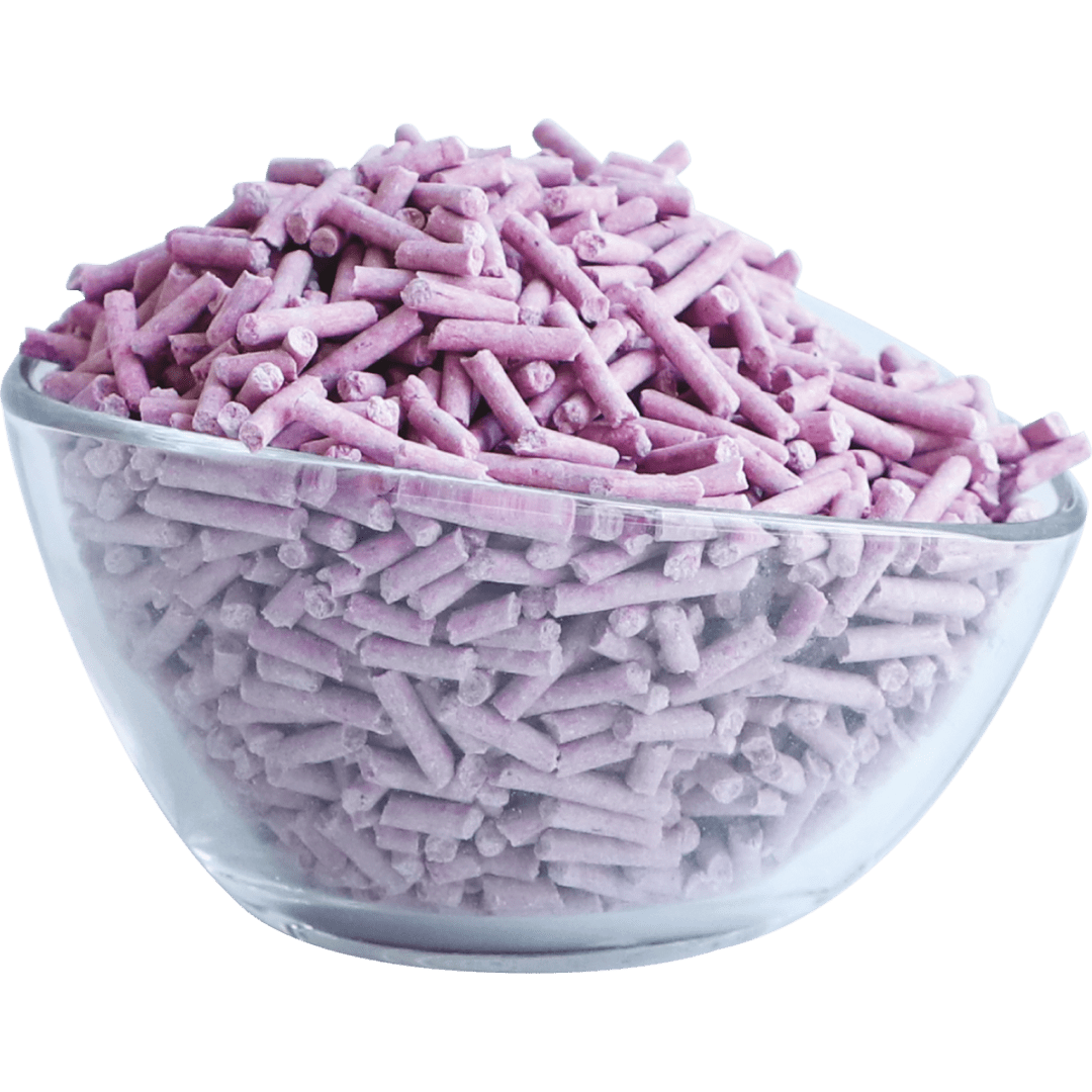 Bowl of lavender purple tofu clumping cat litter pellets