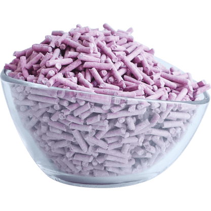 Bowl of lavender purple tofu clumping cat litter pellets