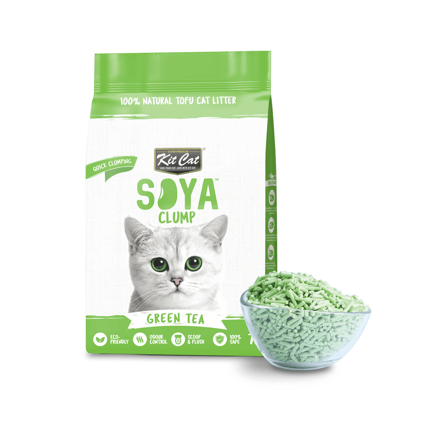 Green tea soy clumping cat litter bag with green pellet bowl