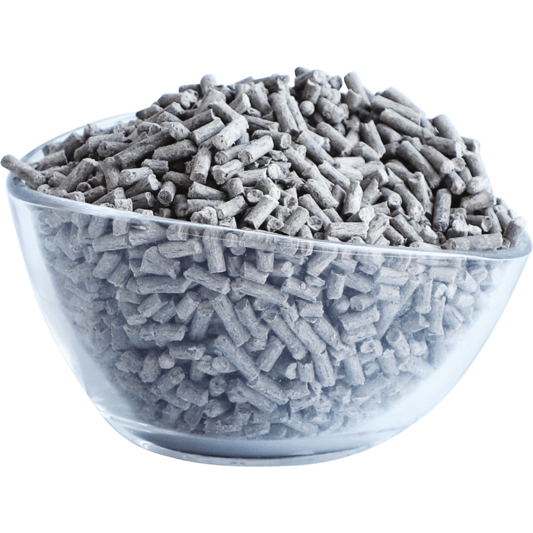 Soy clumping cat litter pellets in a light gray bowl