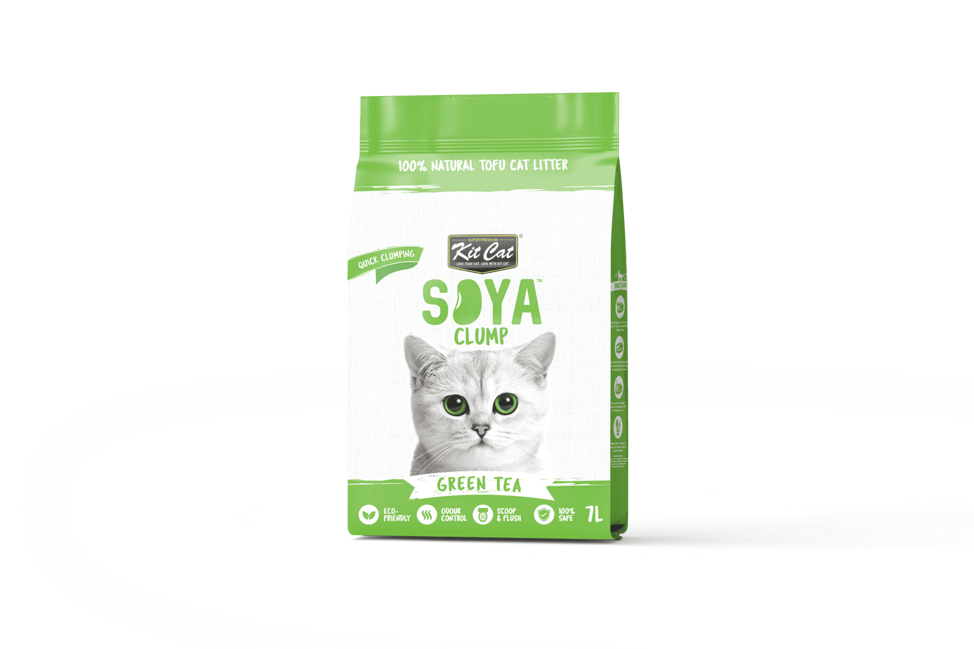 Green tea soy clumping cat litter bag with cat graphic, front view