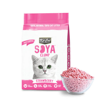Strawberry scented Kit Cat Soya Clump tofu cat litter bag with pink pellets in a scoop