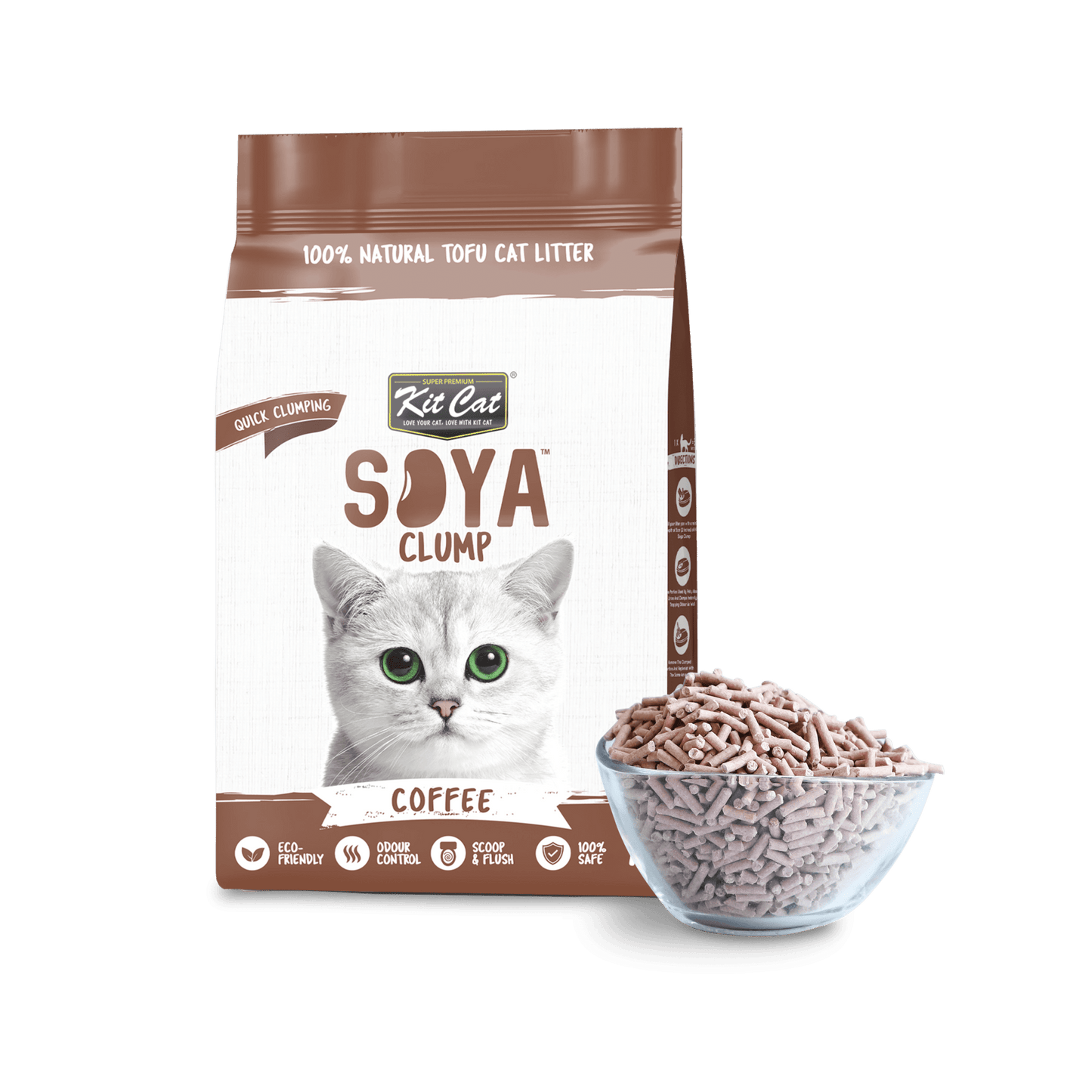Soya clumping cat litter bag, brown Coffee scent, with cat illustration