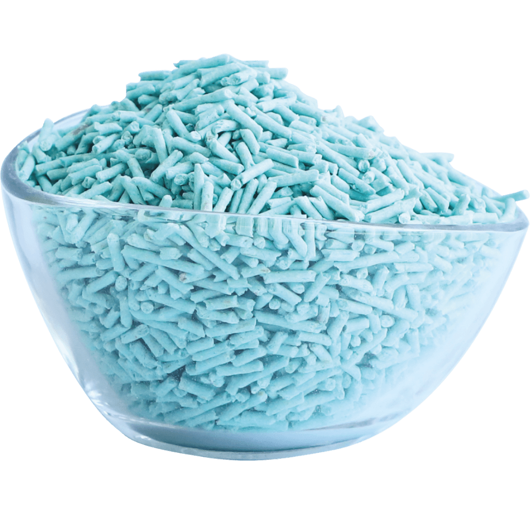 Soy clumping cat litter pellets in a light blue bowl