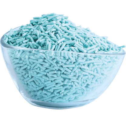 Soy clumping cat litter pellets in a light blue bowl