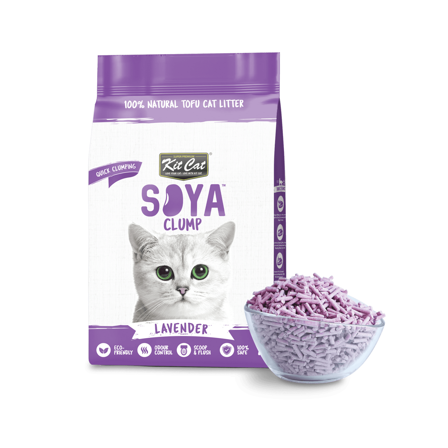 Lavender Kit Cat Soya Clump tofu cat litter bag with lavender pellets in a scoop