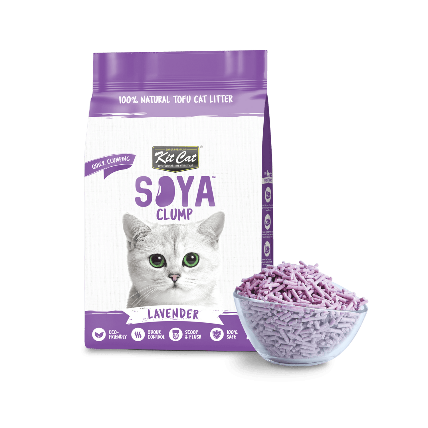 Lavender Kit Cat Soya Clump tofu cat litter bag with lavender pellets in a scoop