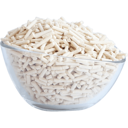 White soya clumping cat litter pellets in a clear bowl