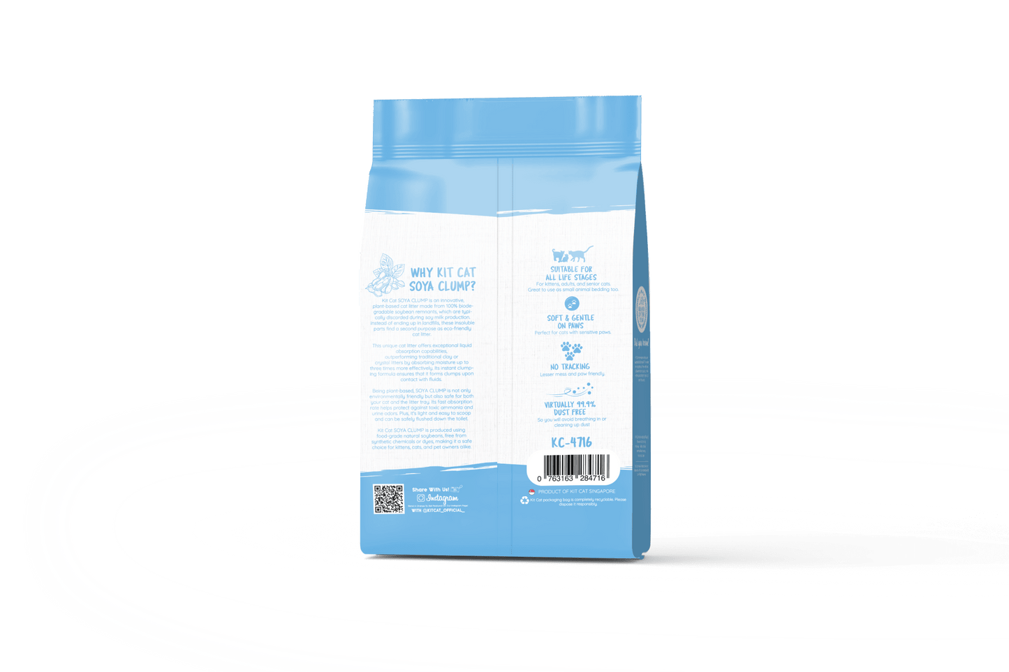 Lavender soy clumping cat litter bag, back label in blue