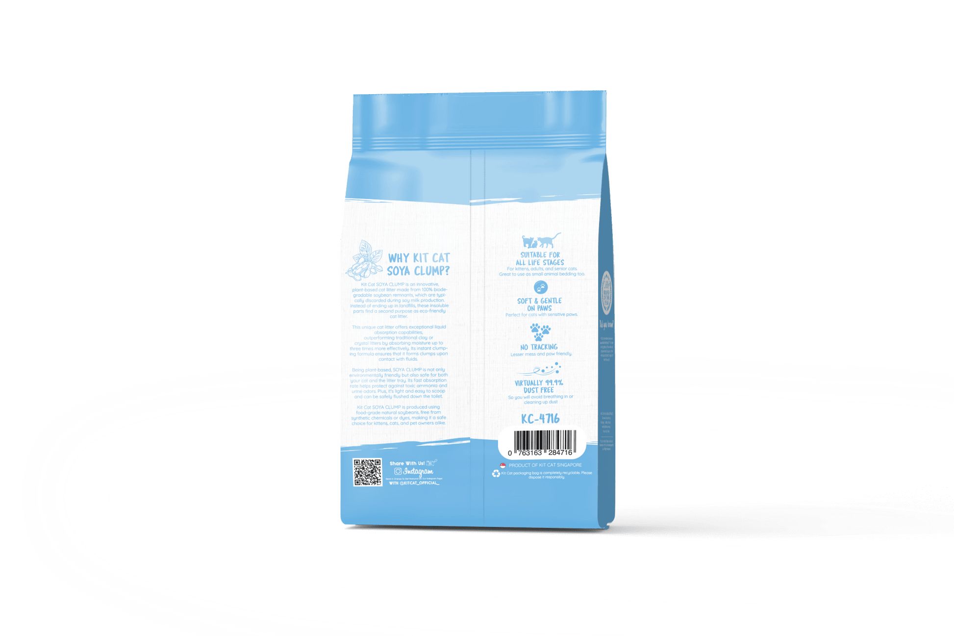 Lavender soy clumping cat litter bag, back label in blue