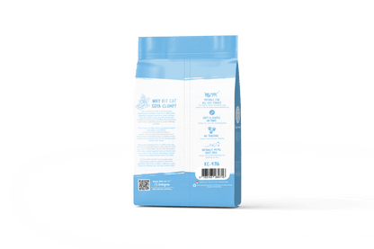 Lavender soy clumping cat litter bag, back label in blue
