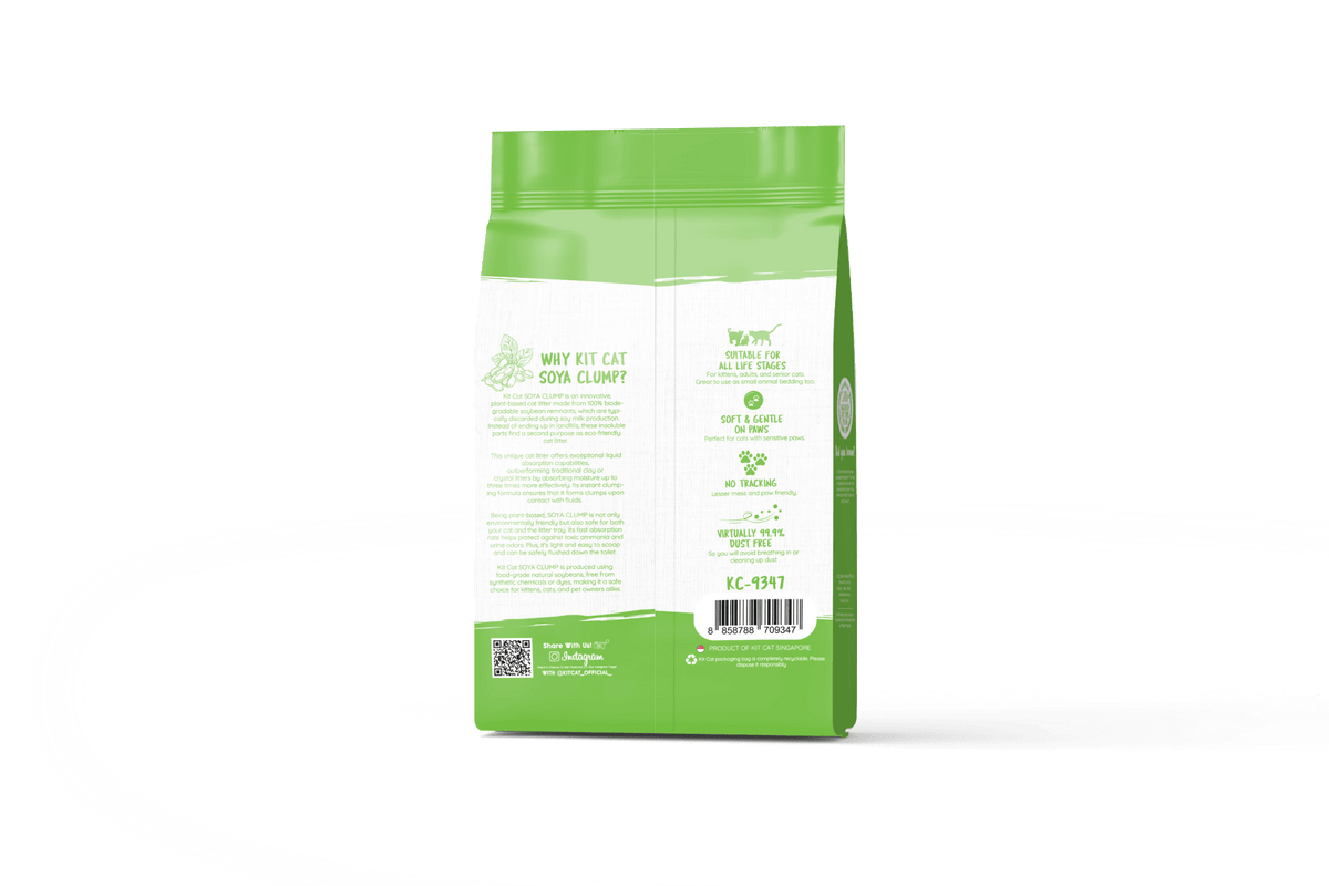 Green tea soy clumping cat litter bag, back label in green