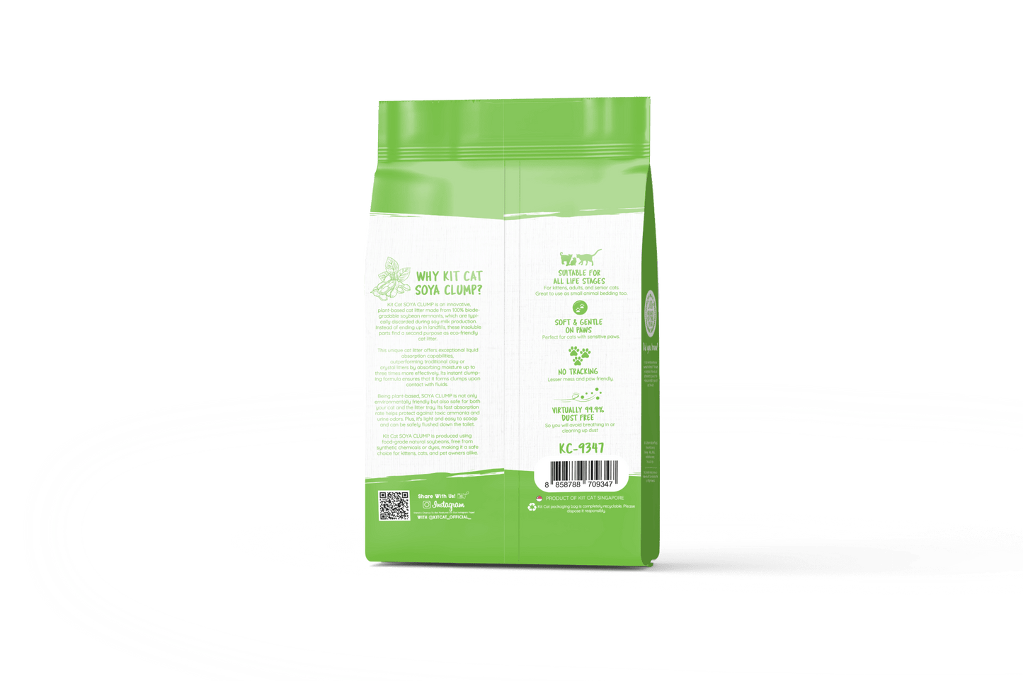 Green tea soy clumping cat litter bag, back label in green
