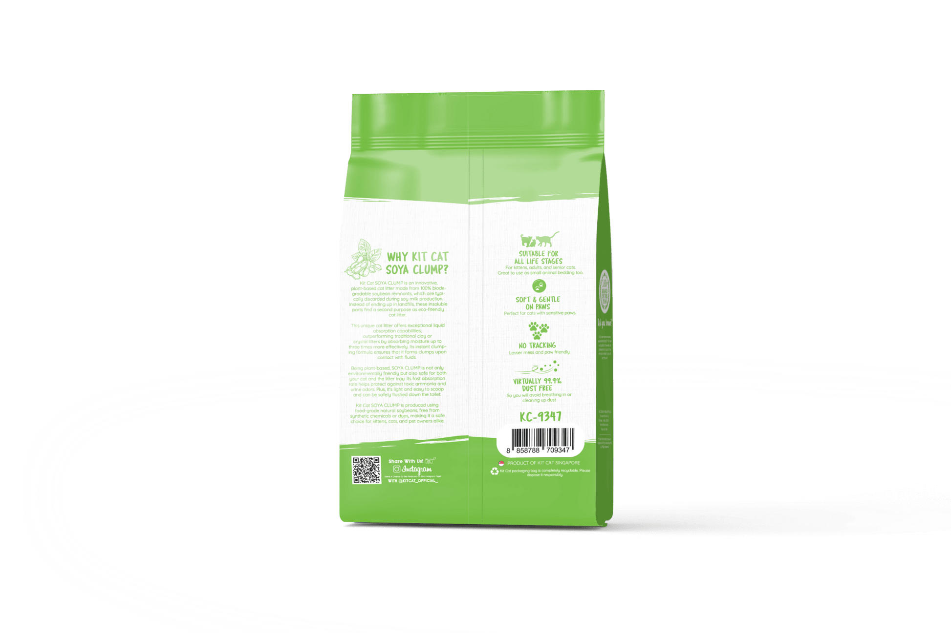 Green tea soy clumping cat litter bag, back label in green