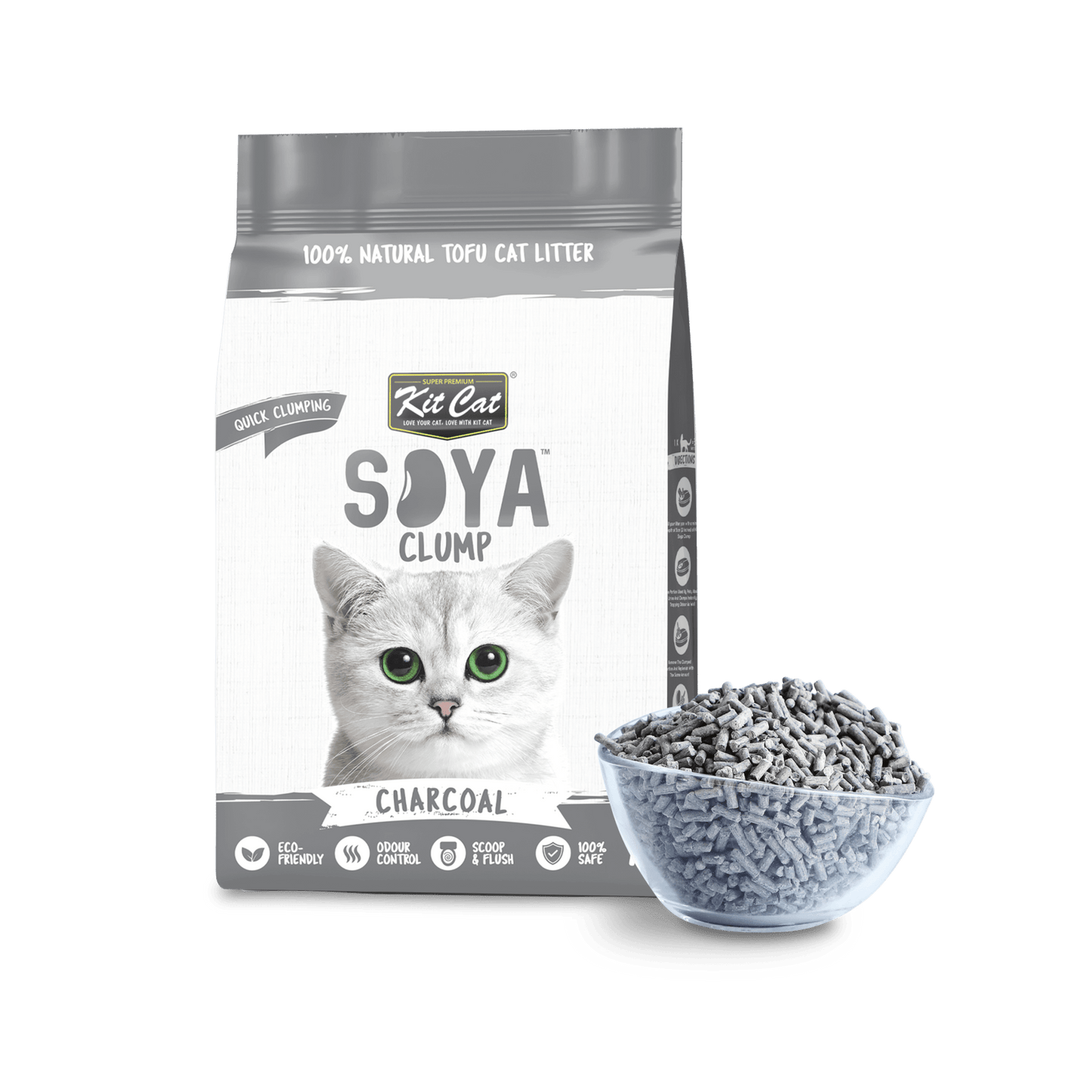 Charcoal soy clumping cat litter bag with charcoal pellet bowl