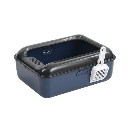 Blue semi-covered kitten litter box with scoop clipped to the side
