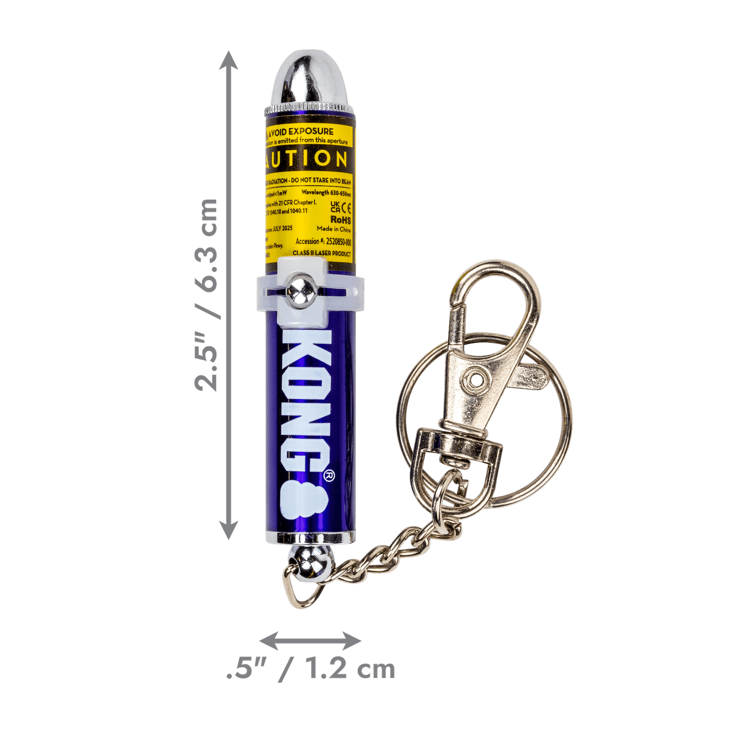 KONG cat laser toy keychain with length markings on yellow-blue body