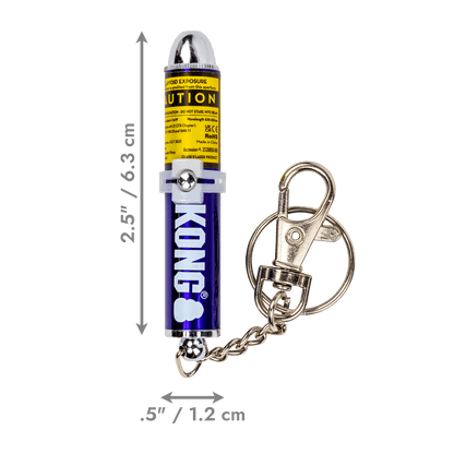 KONG cat laser toy keychain with length markings on yellow-blue body