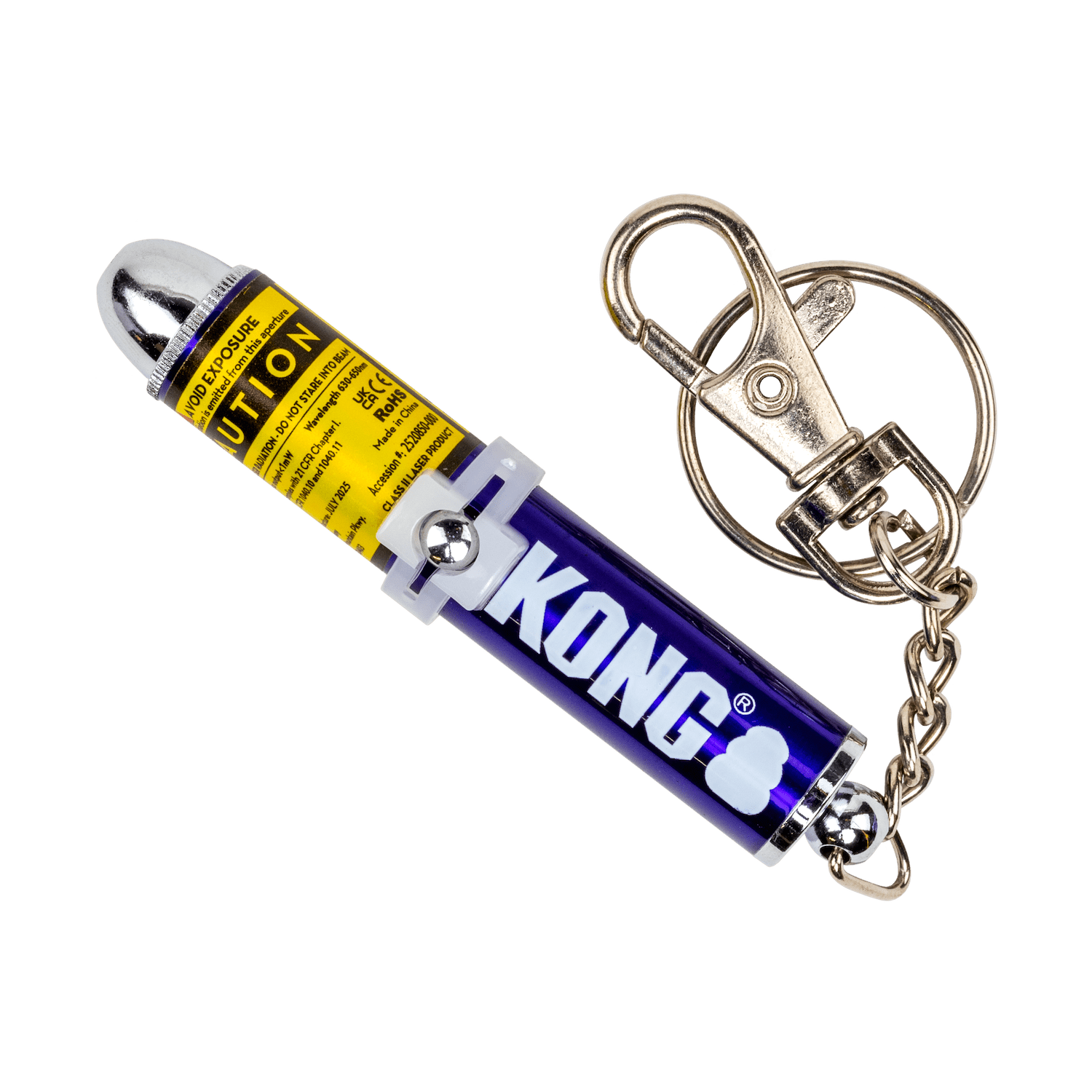 KONG cat laser toy keychain with yellow-blue cylinder and silver ball tip
