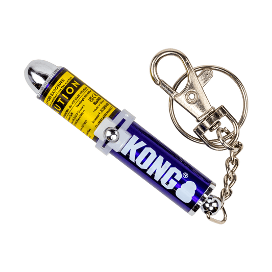 KONG cat laser toy keychain with yellow-blue cylinder and silver ball tip