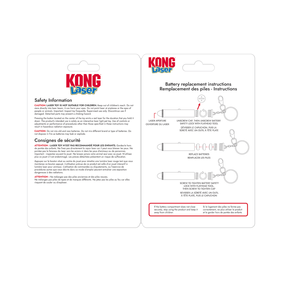 KONG Laser cat toy instruction cards for battery replacement and safety