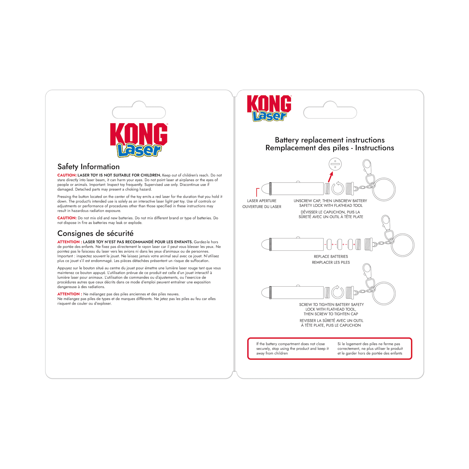 KONG Laser cat toy instruction cards for battery replacement and safety