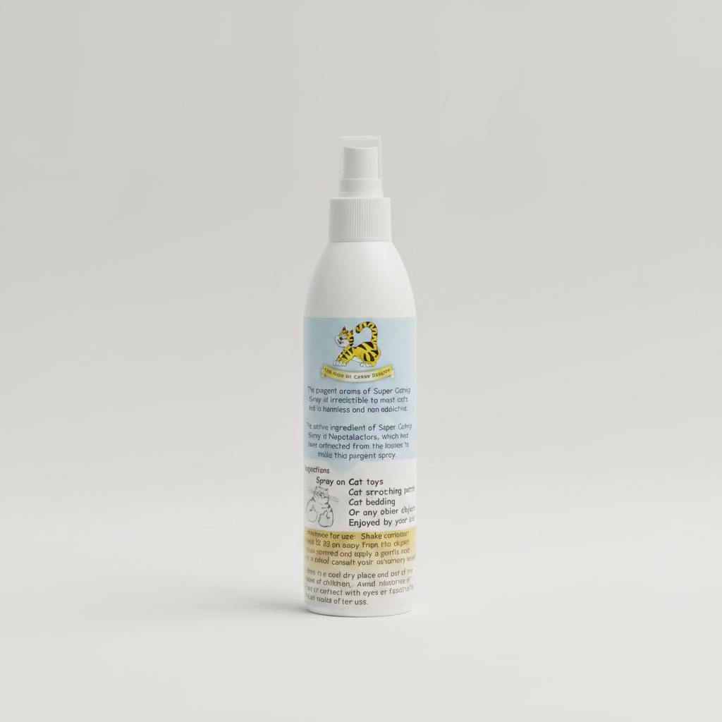 Catnip spray bottle with white pump and back label, 250 ml by KUNDUCHI.