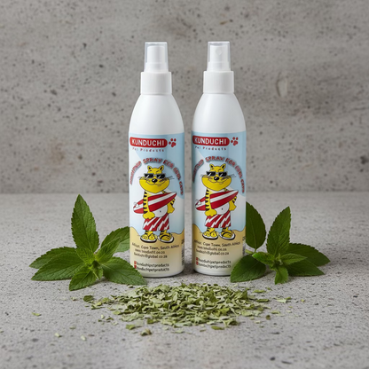 Two catnip spray bottles with white pumps, KUNDUCHI labels, near catnip leaves.