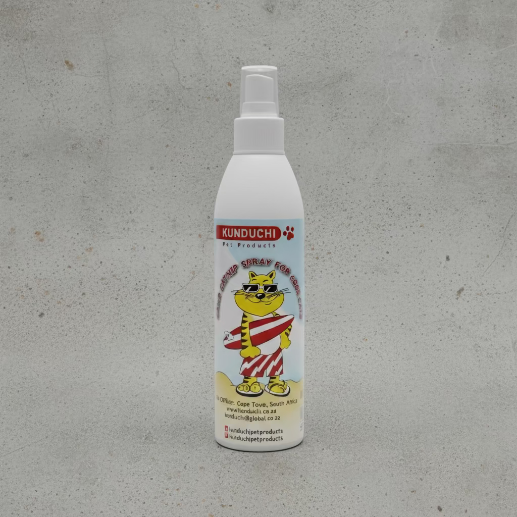 Catnip spray bottle with white pump and front label, KUNDUCHI brand.