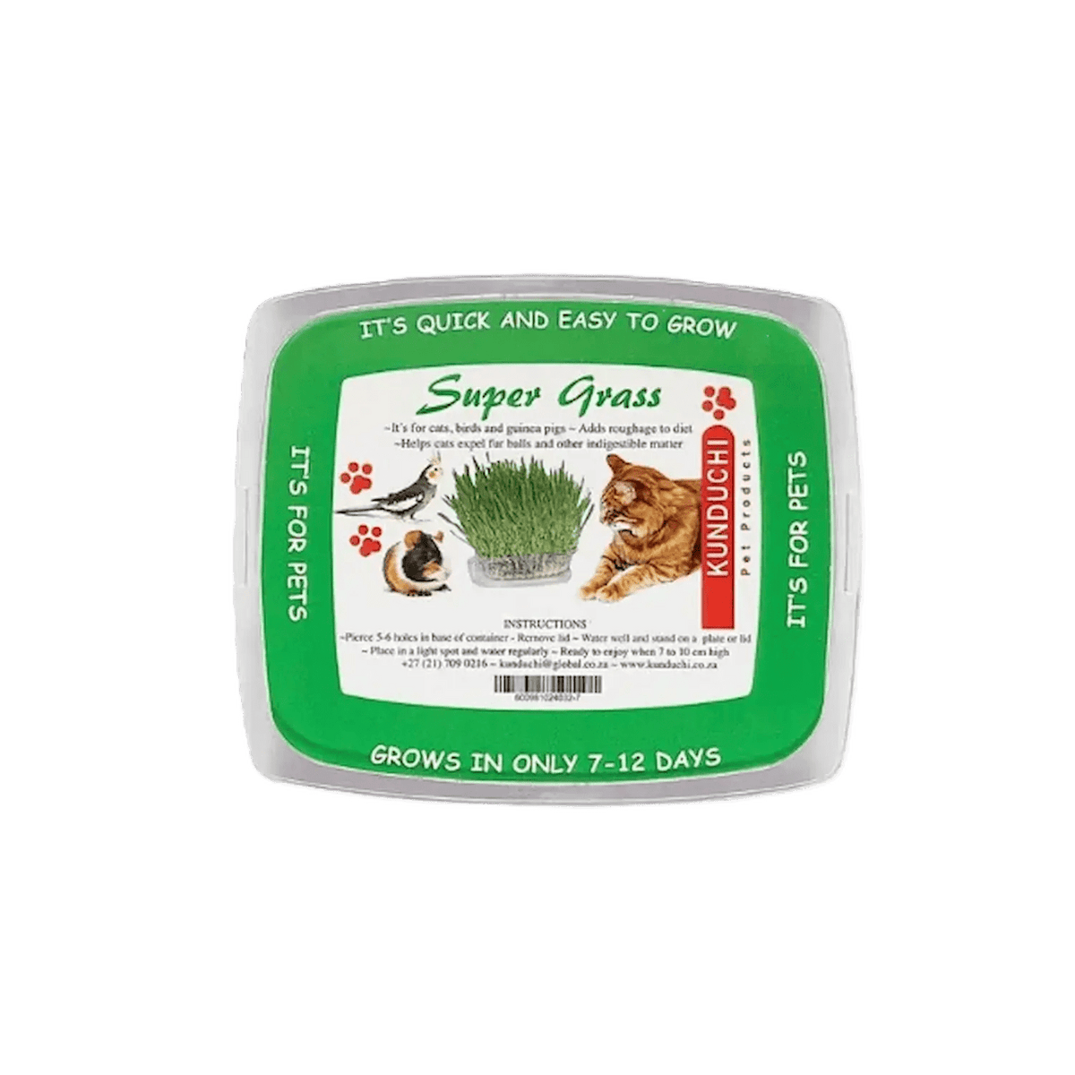 Pet grass growing kit container with Super Grass label and instructions