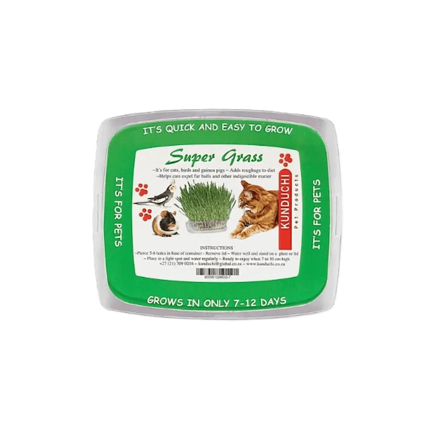 Pet grass growing kit container with Super Grass label and instructions