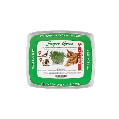 Pet grass growing kit container with Super Grass label and instructions
