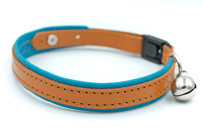 Blue leather cat collar with stitched edge and silver bell on metal ring