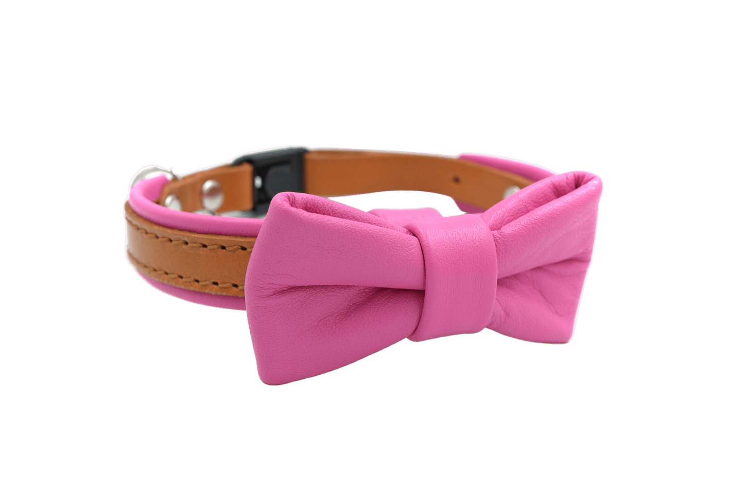 Pink leather cat collar with oversized bow and metal buckle, bell not visible