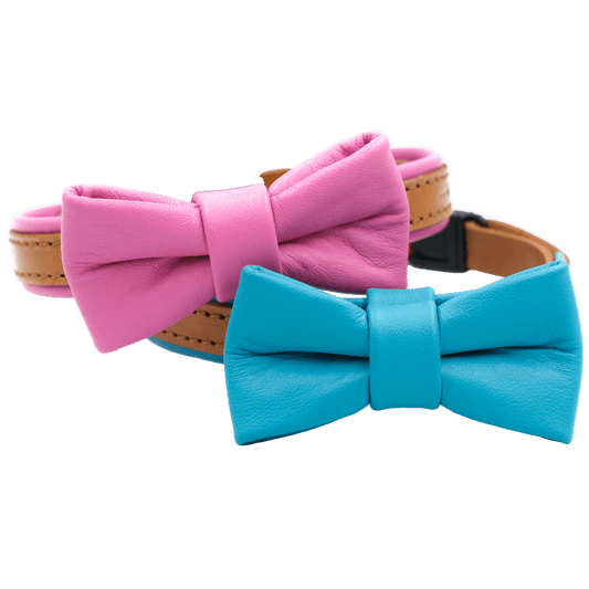 Leather cat collar with bowtie, pink and blue leather straps with large bow.