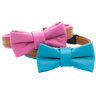 Leather cat collar with bowtie, pink and blue leather straps with large bow.