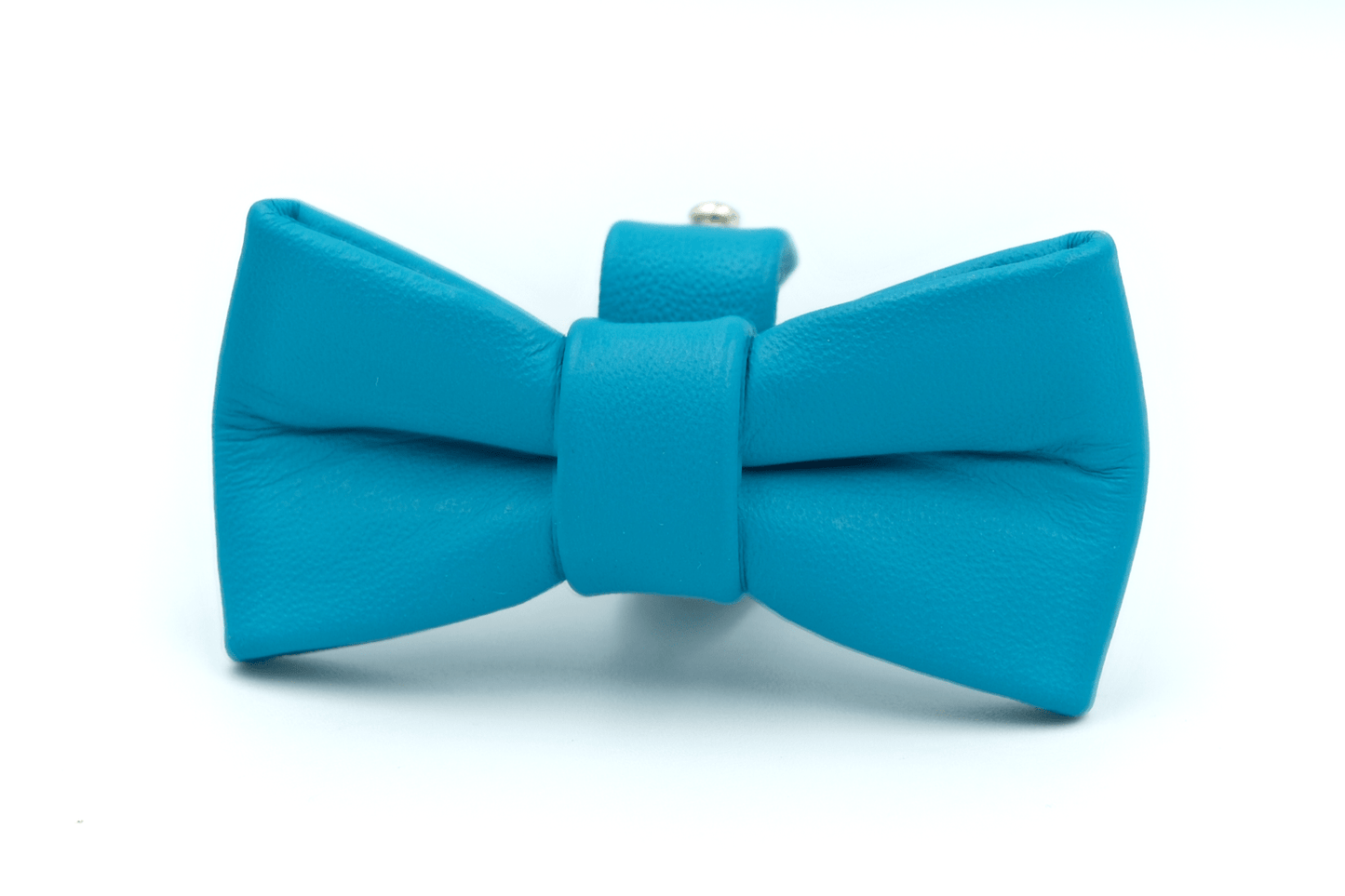 Blue leather bowtie accessory with center band and metal attachment loop
