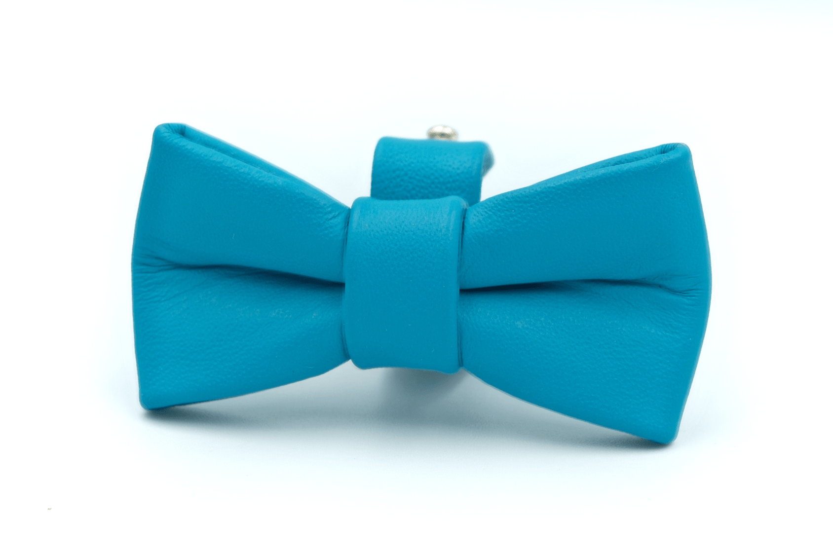 Blue leather bowtie accessory with center band and metal attachment loop