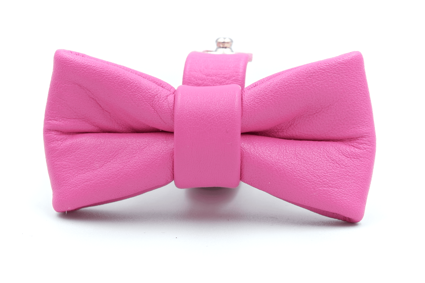Pink leather bowtie accessory with center band and metal clasp