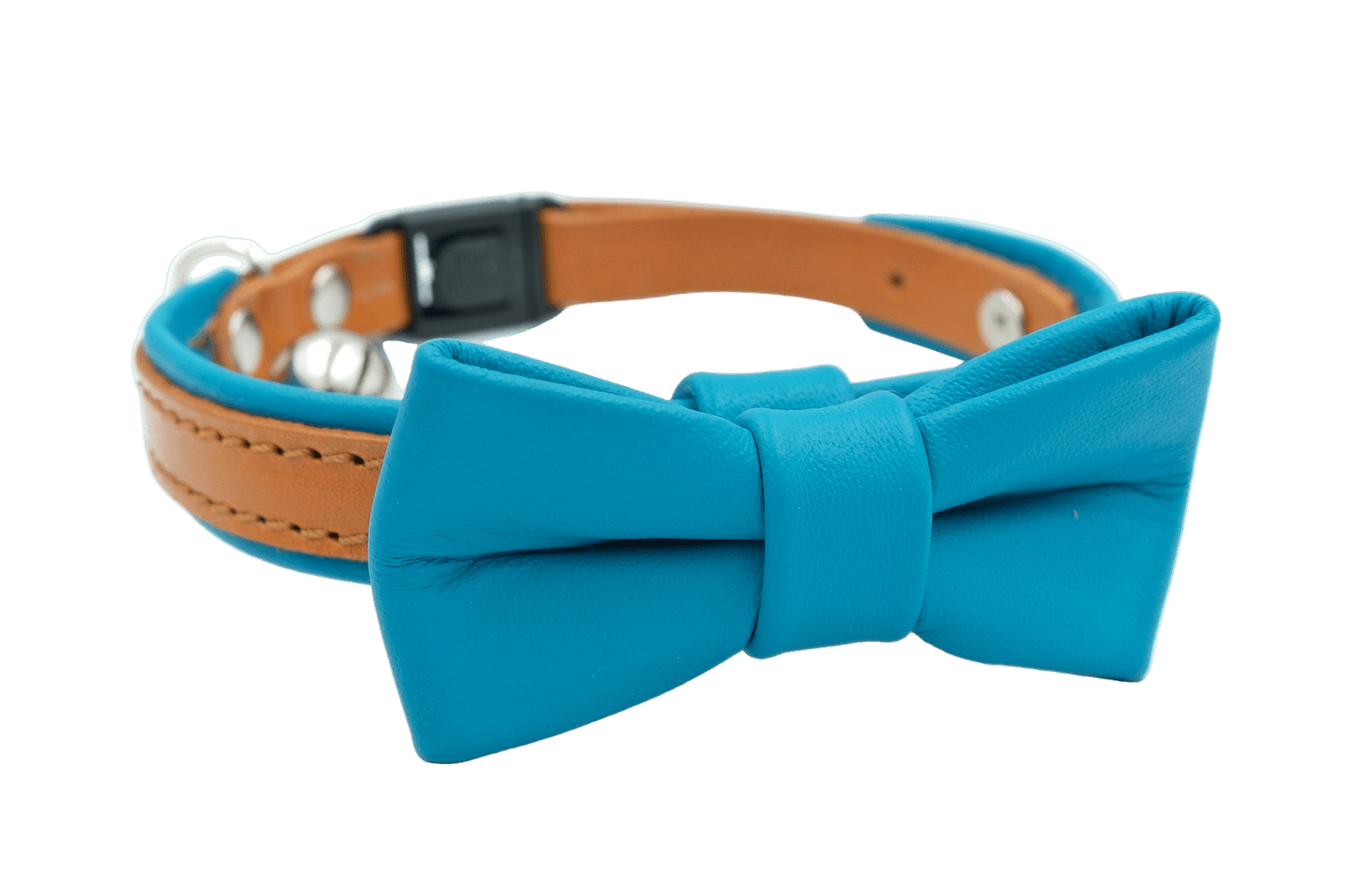 Blue leather cat collar with large matching bow and metal snap buckle
