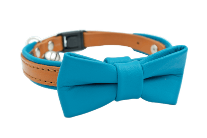 Blue leather cat collar with large matching bow and metal snap buckle