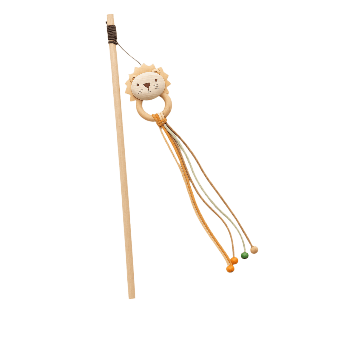 Cat teaser wand with beige cat face topper and dangling multicolor strings on a stick