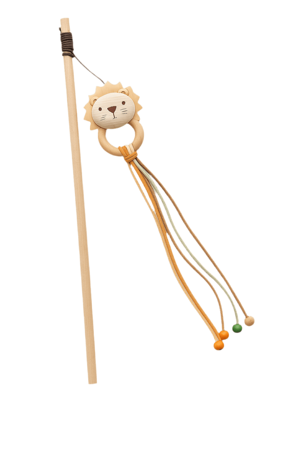 Cat teaser wand with beige cat face topper and dangling multicolor strings on a stick