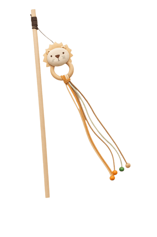 Cat teaser wand with beige cat face topper and dangling multicolor strings on a stick