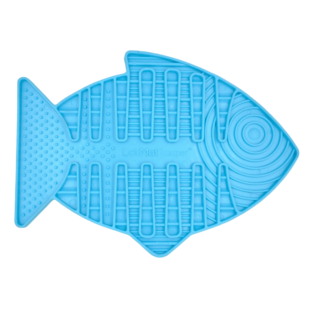 Blue fish-shaped slow feeder mat with raised lick channels for cats